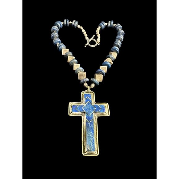 Vintage Lapis Lazuli Cross Necklace Silver Plated Geometric Beads Dangle Ethnic - Picture 5 of 7